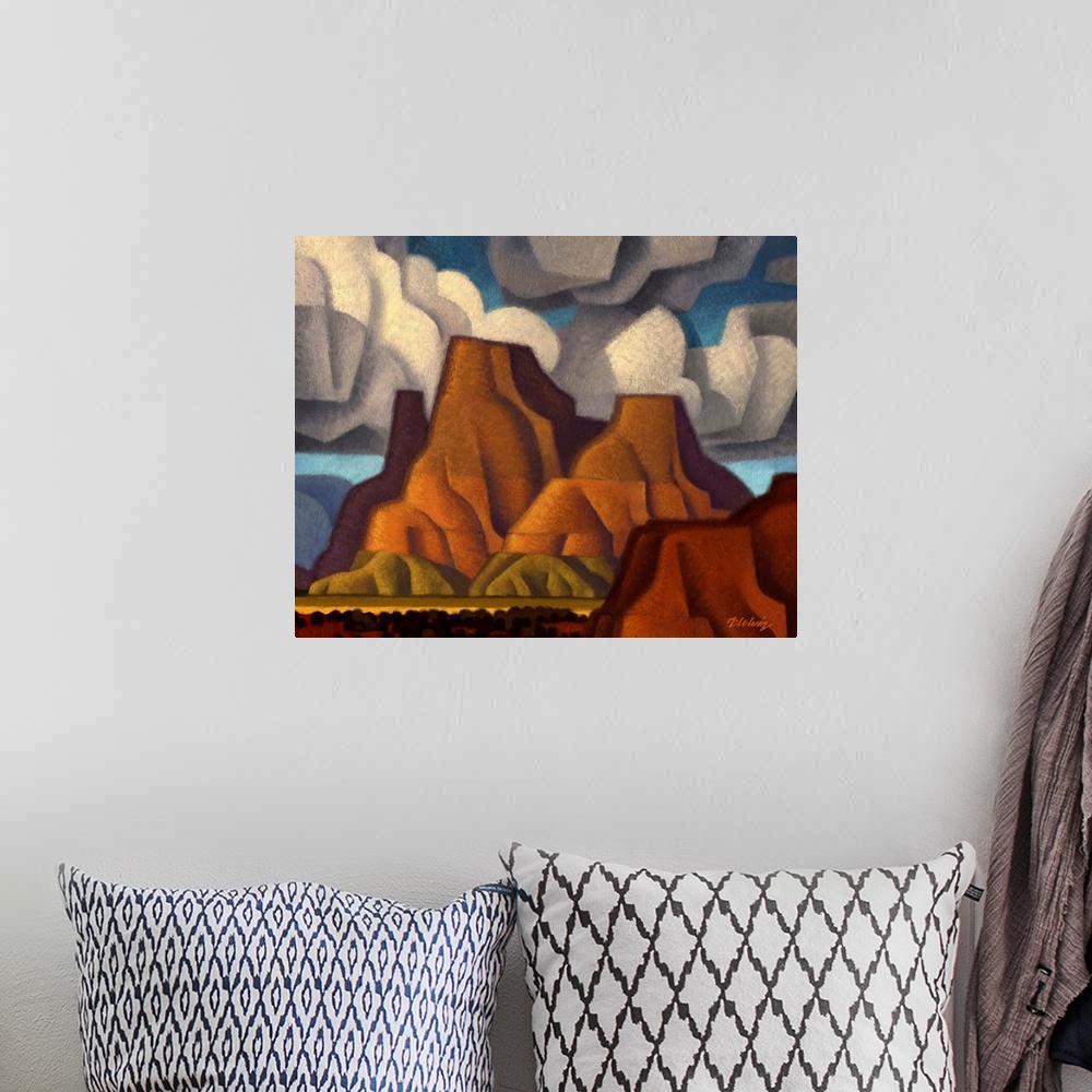 A bohemian room featuring Contemporary painting of Tug Boat Butte, an American Southwest desert scene in a cubist style wit...