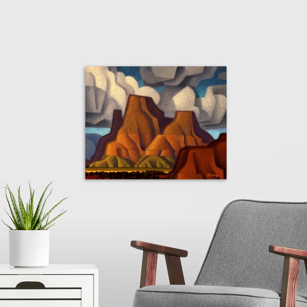 A modern room featuring Contemporary painting of Tug Boat Butte, an American Southwest desert scene in a cubist style wit...