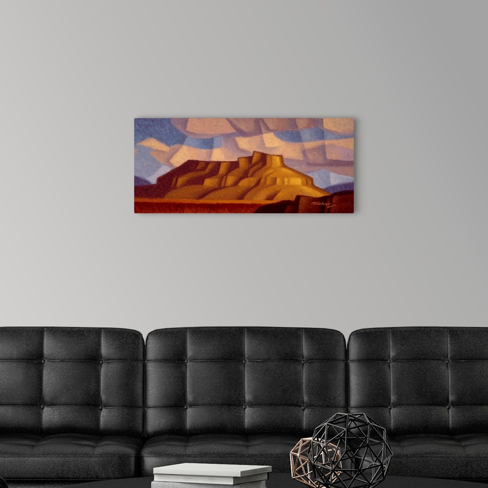 A modern room featuring Painting of Undo Butte, an American Southwest desert scene in a cubist style with large billowing...