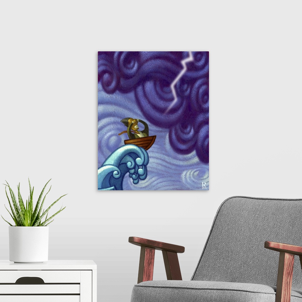 A modern room featuring Acrylic and digital painting of an unfortunate fellow carried away on a wild ride.