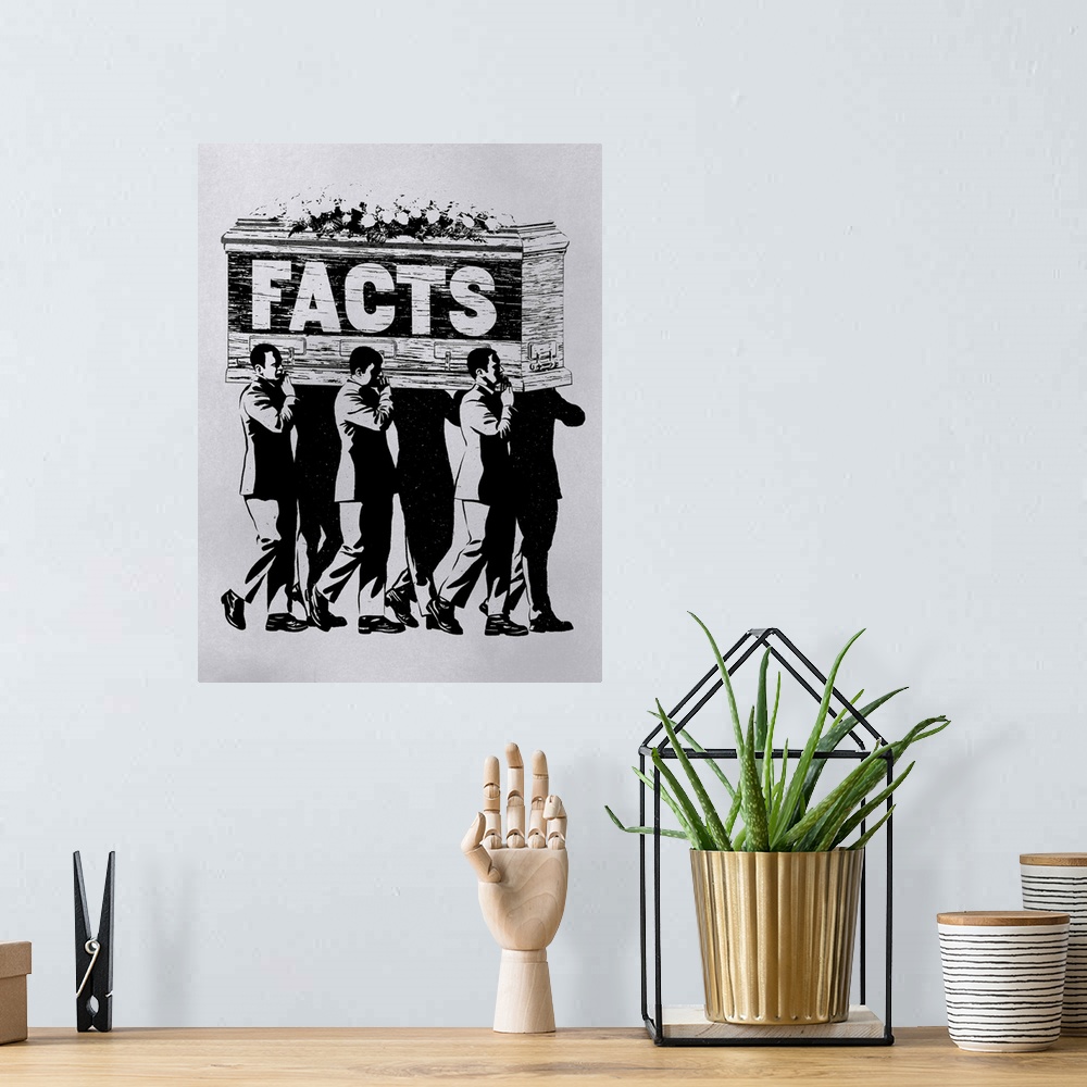 A bohemian room featuring Pall bearers carrying a casket with the word "FACTS" written on the side.