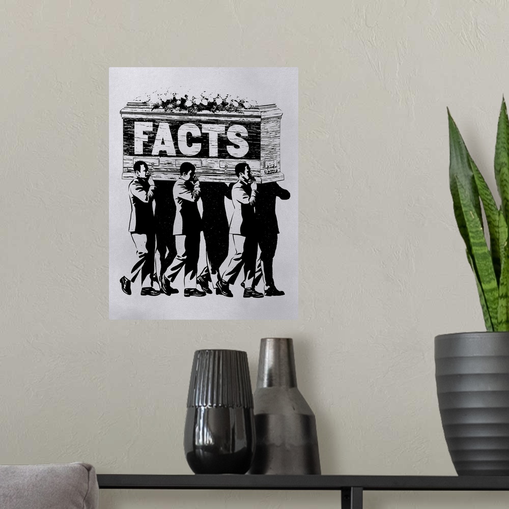 A modern room featuring Pall bearers carrying a casket with the word "FACTS" written on the side.