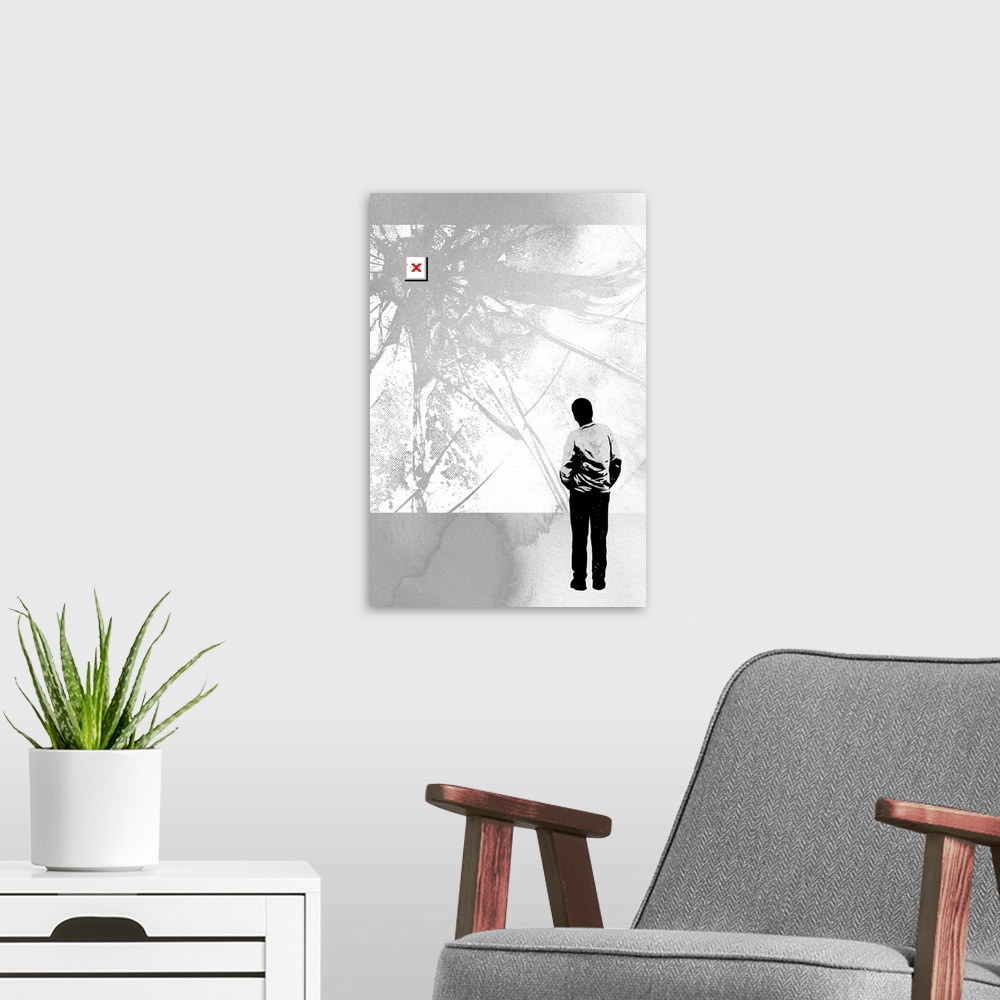 A modern room featuring A contemporary piece of artwork that shows a person looking at an abstract artwork print that app...