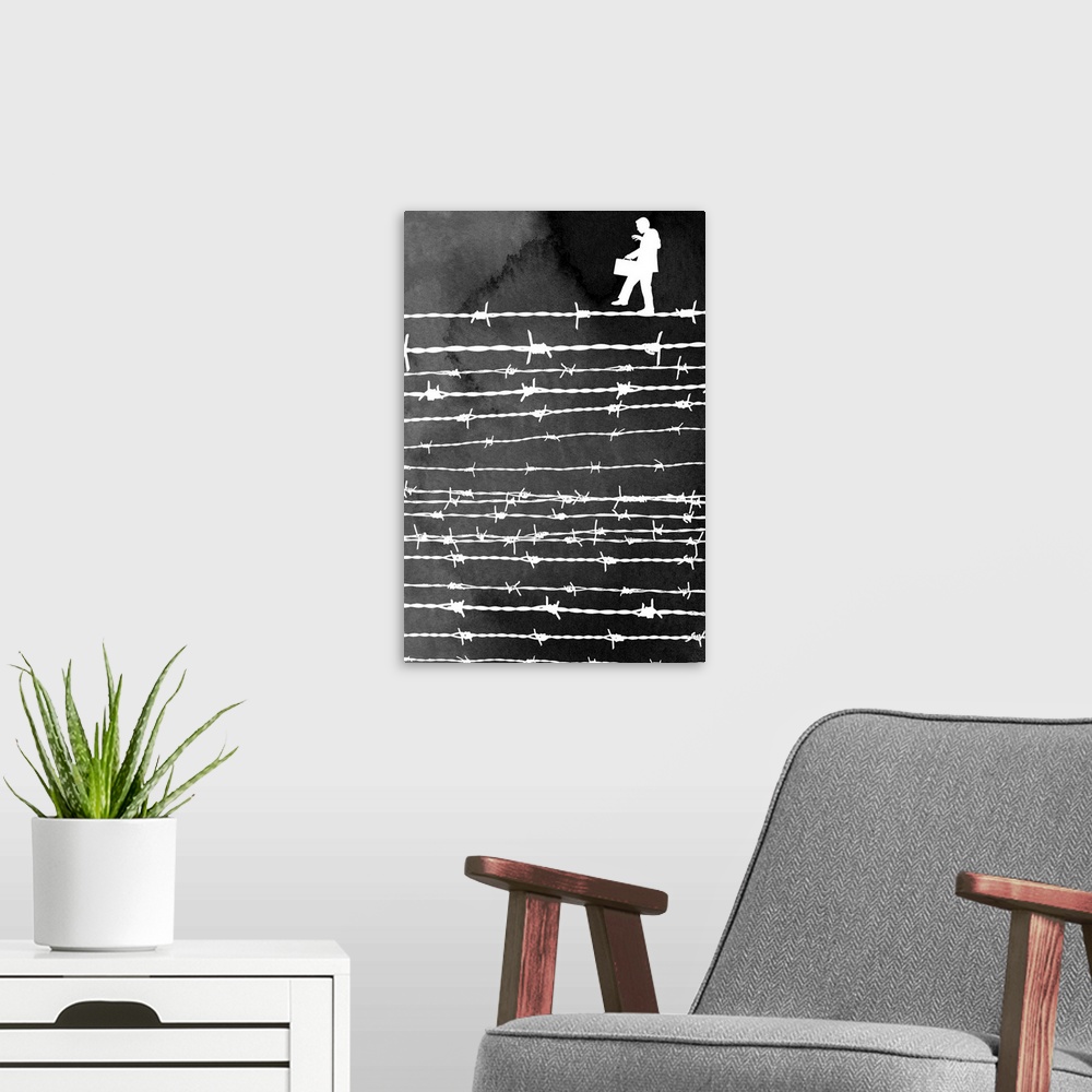 A modern room featuring A figure of a man walks across a string of barb wire in this modern artwork.
