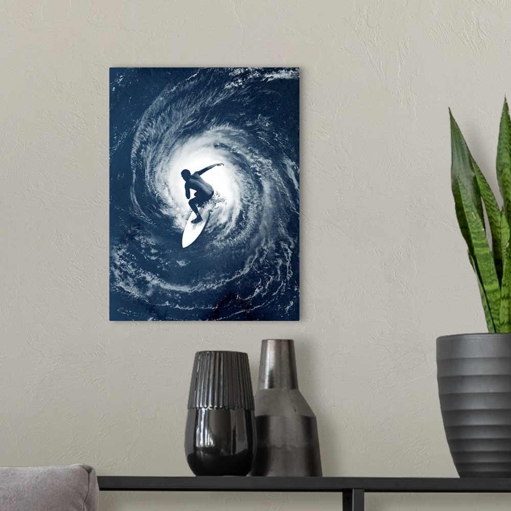 A modern room featuring Big photo on canvas of a surfer on top of an image of a hurricane in the ocean.