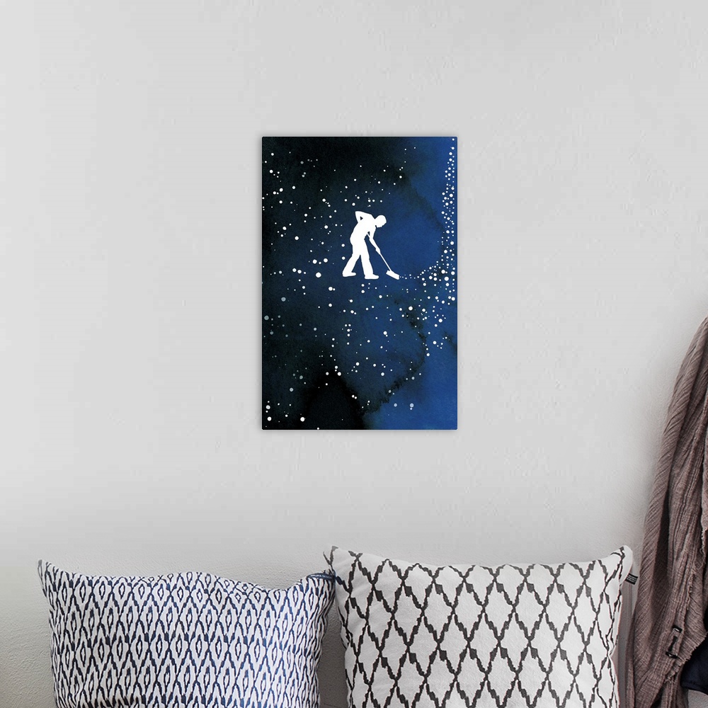 A bohemian room featuring Contemporary illustration of silhouetted man with broom sweeping stars in the sky.