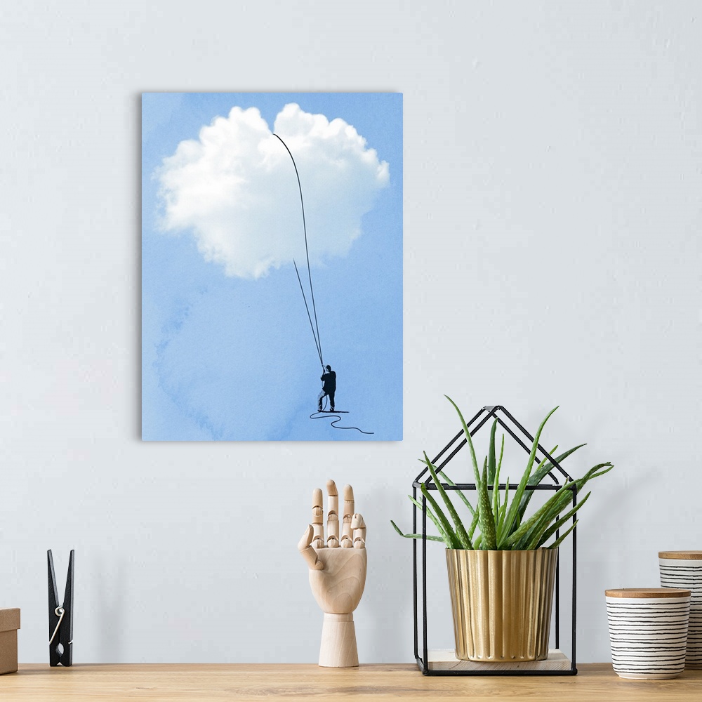 A bohemian room featuring Tall canvas of the silhouette of a man pulling on a rope that he has wrapped around a cloud.