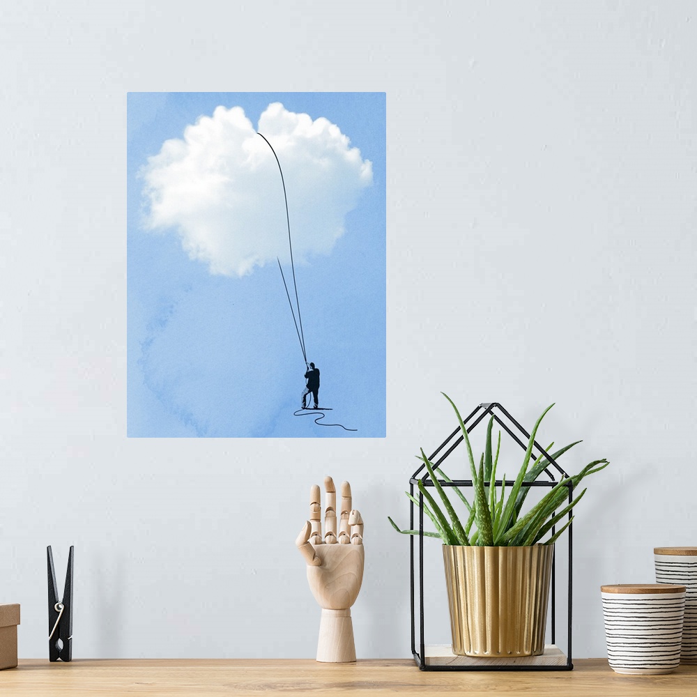 A bohemian room featuring Tall canvas of the silhouette of a man pulling on a rope that he has wrapped around a cloud.