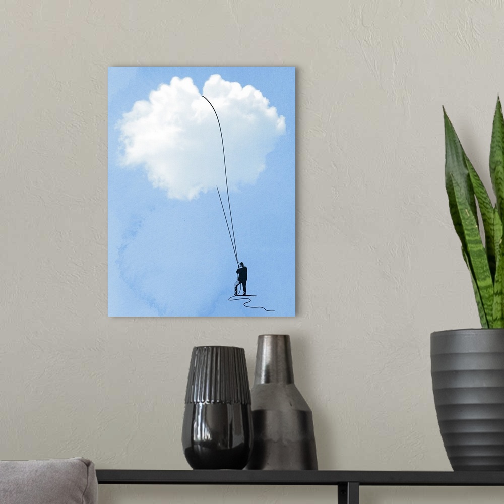 A modern room featuring Tall canvas of the silhouette of a man pulling on a rope that he has wrapped around a cloud.