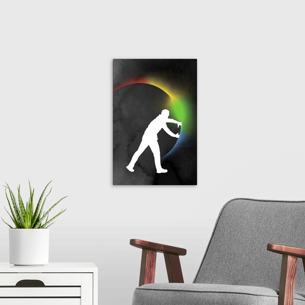 A modern room featuring Big abstract art of the silohuette of a man pulling back a circle releasing colorful light.