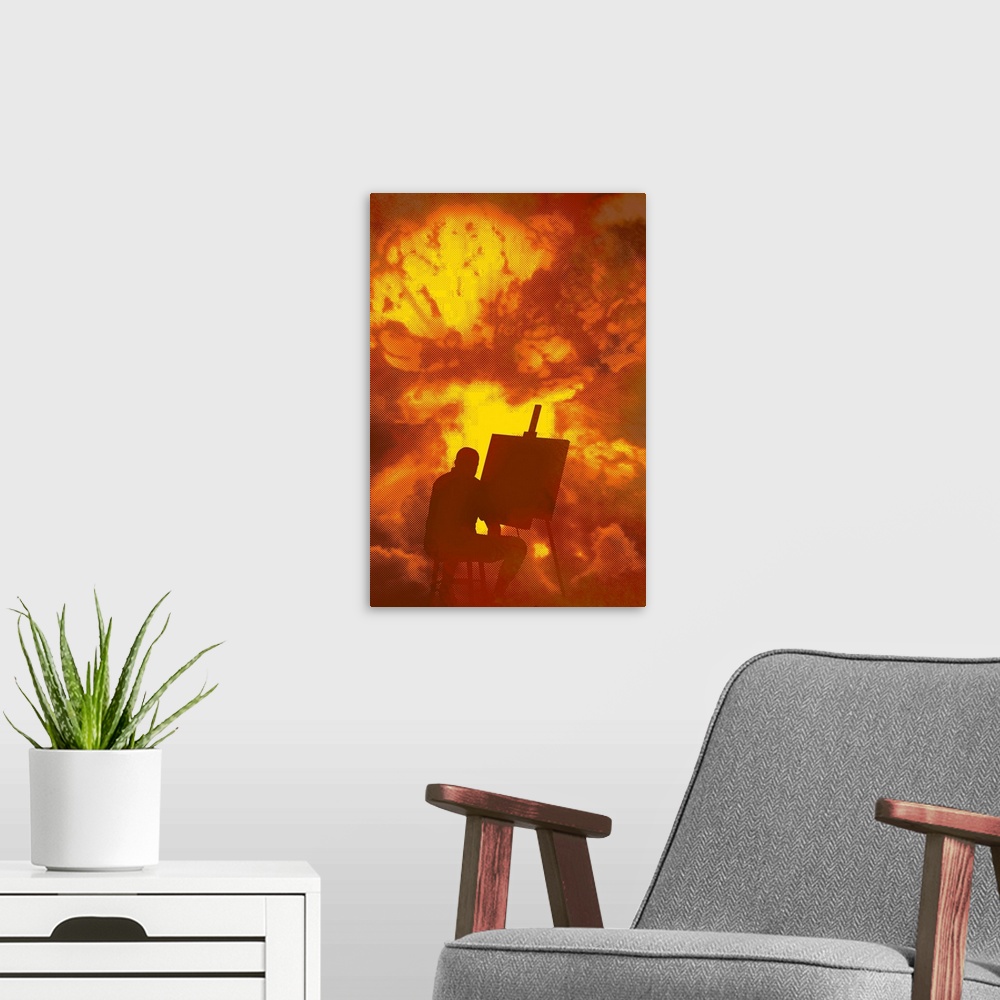 A modern room featuring This vertical conceptual, contemporary art work shows an artist in front of an easel painting or ...