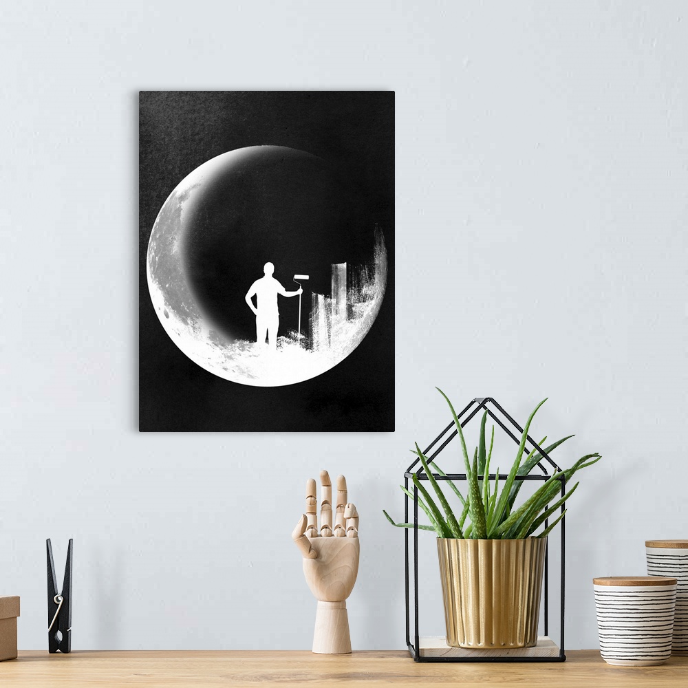 A bohemian room featuring Contemporary silhouetted image of man inside of the moon with a paintbrush.