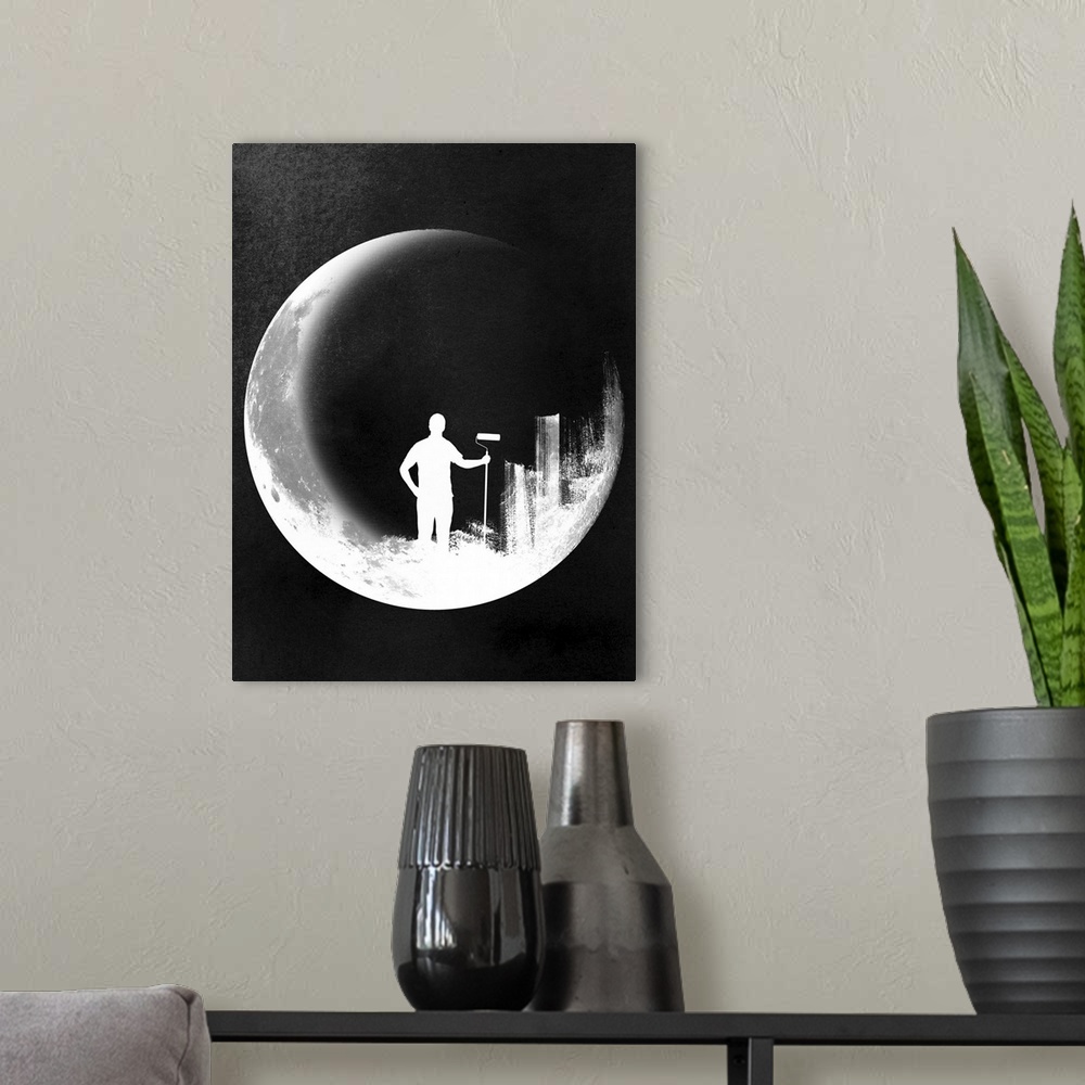 A modern room featuring Contemporary silhouetted image of man inside of the moon with a paintbrush.