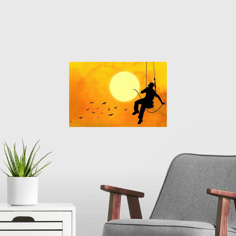 A modern room featuring This conceptual, horizontal contemporary artwork shows a silhouetted workman hanging on a swing p...