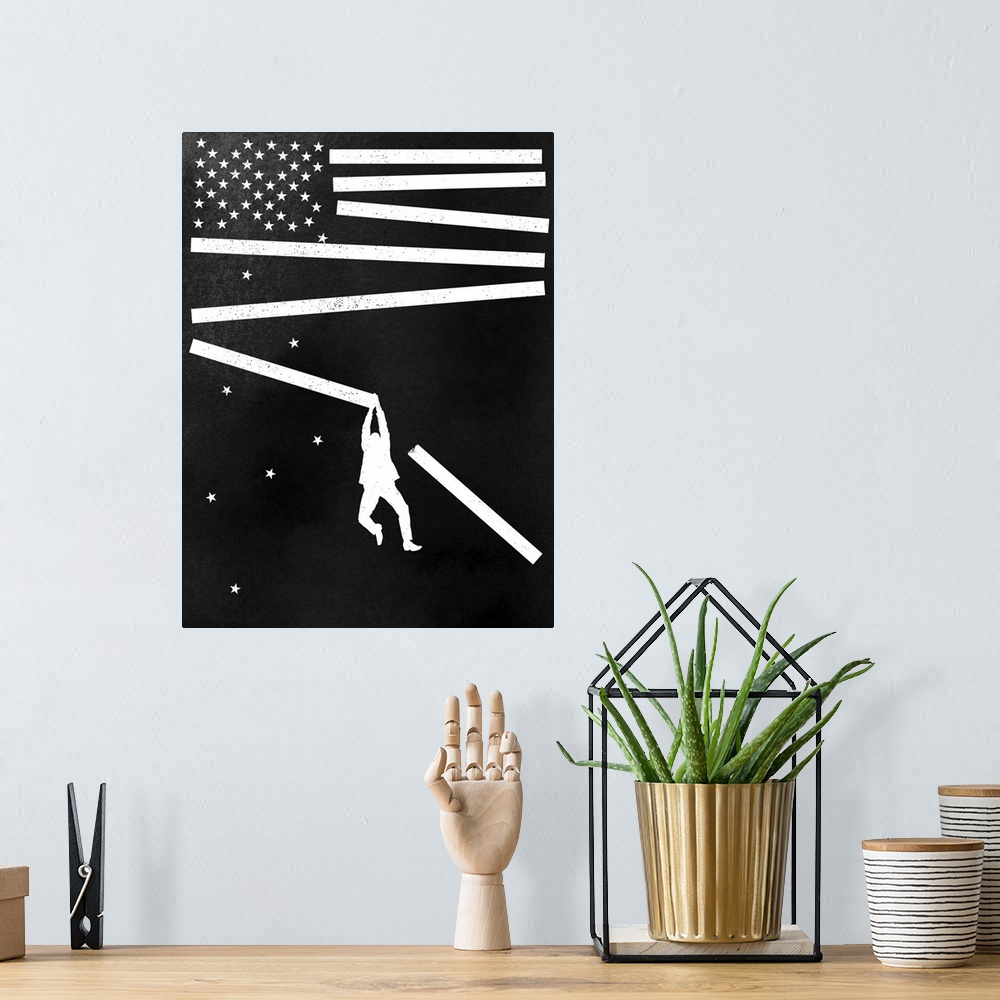A bohemian room featuring Silhouette of a figure hanging from the bars of an American flag falling apart.