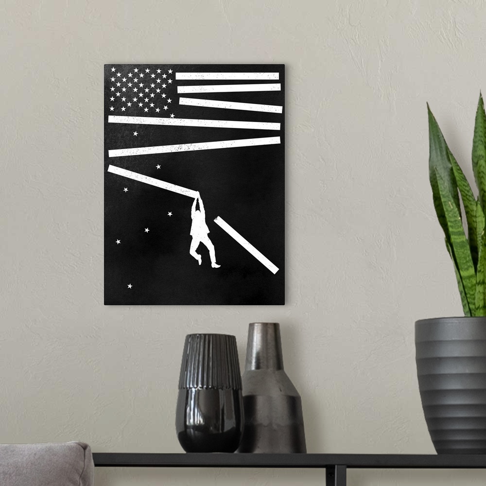 A modern room featuring Silhouette of a figure hanging from the bars of an American flag falling apart.