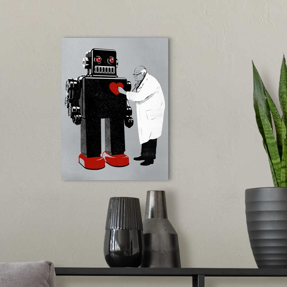 A modern room featuring An elderly doctor listening with his stethoscope to the red hear of a vintage style robot.