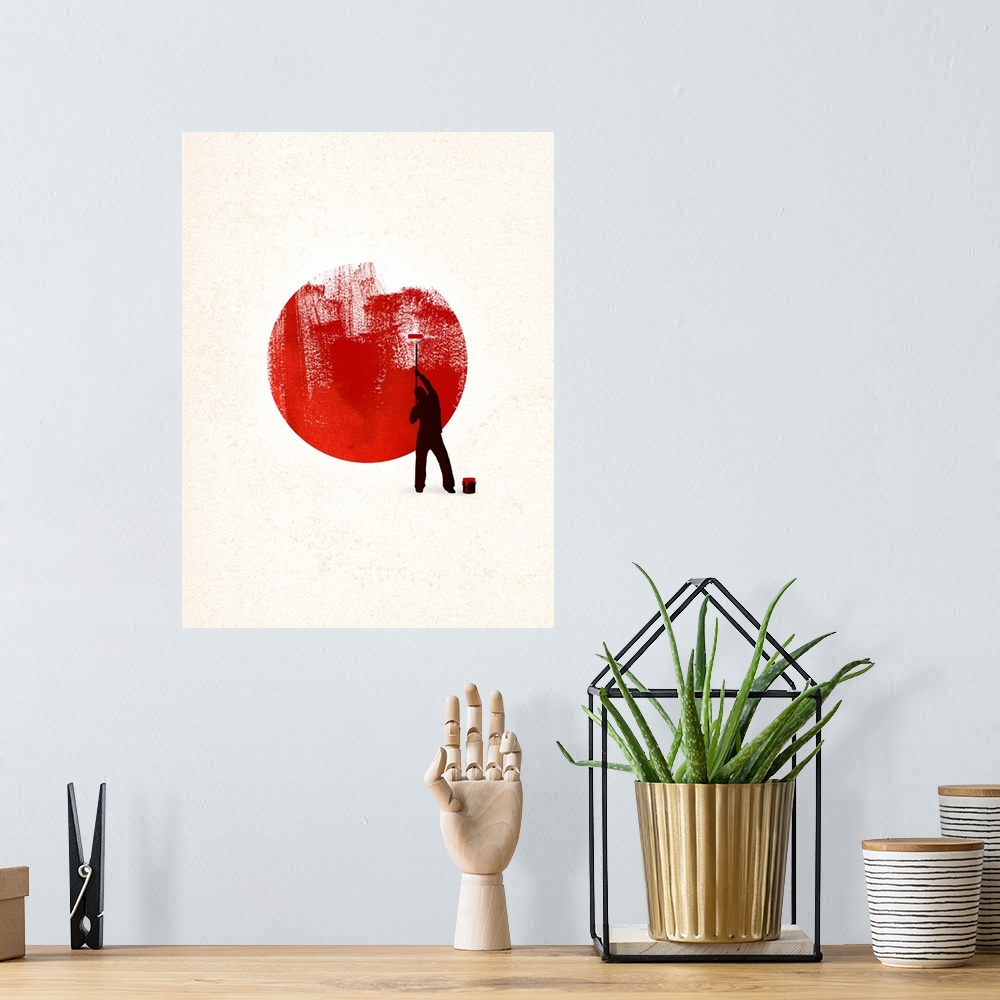 A bohemian room featuring Vertical, oversized art of the silhouette of a person painting a large red circle in the center o...