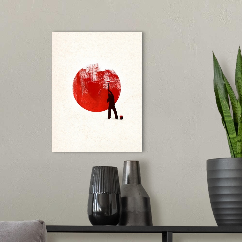 A modern room featuring Vertical, oversized art of the silhouette of a person painting a large red circle in the center o...