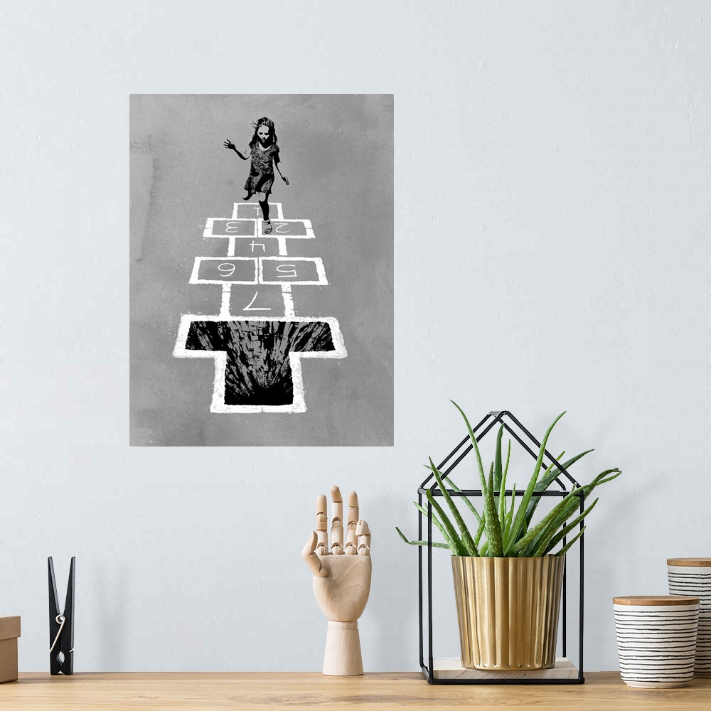 A bohemian room featuring Contemporary abstract canvas of a girl jumping on numbered squares with the furthest squares text...