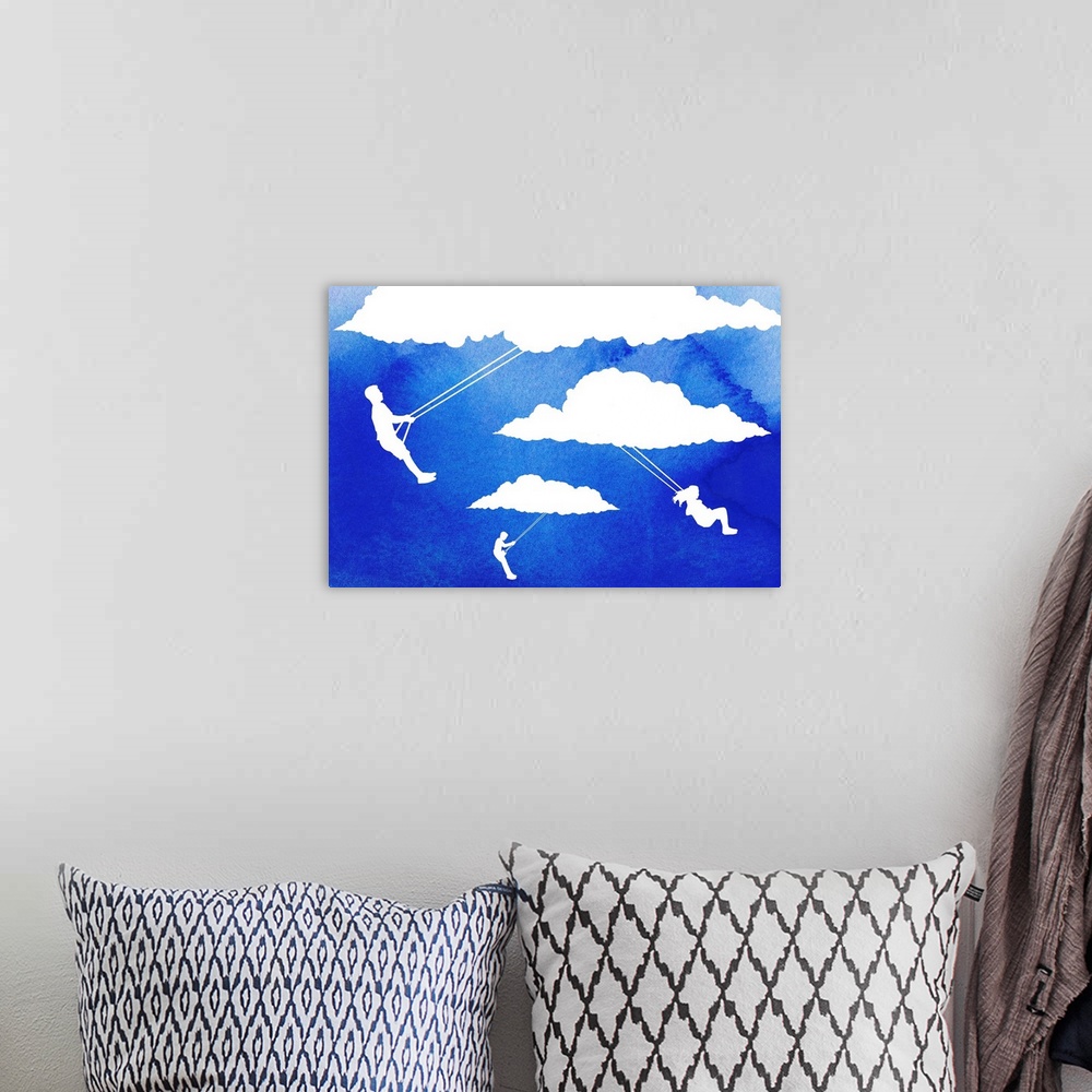 A bohemian room featuring Silhouettes of children on swings attached to clouds over a watercolor texture background.
