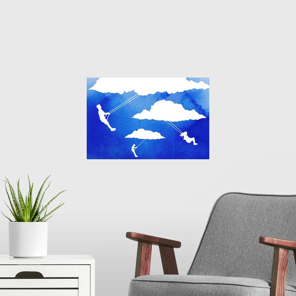A modern room featuring Silhouettes of children on swings attached to clouds over a watercolor texture background.