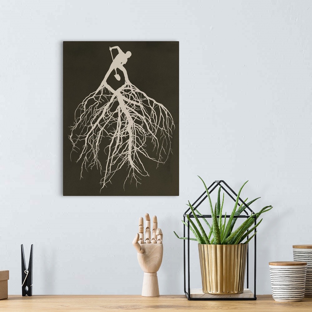 A bohemian room featuring Vertical artwork on big canvas of the silhouette of a digitally illustrated man holding a shovel ...
