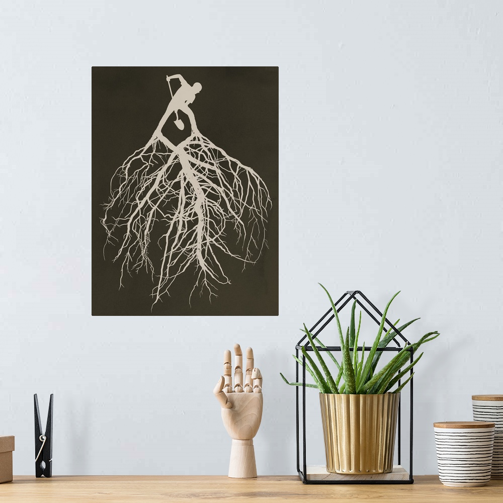 A bohemian room featuring Vertical artwork on big canvas of the silhouette of a digitally illustrated man holding a shovel ...