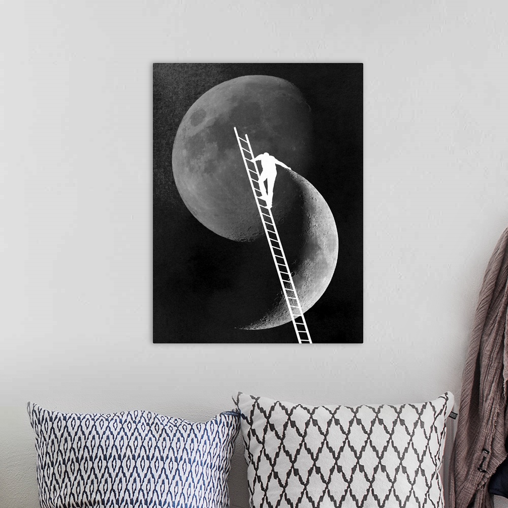 A bohemian room featuring Huge monochromatic illustration depicts a man with a very large ladder extending towards the moon...