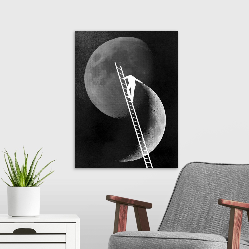 A modern room featuring Huge monochromatic illustration depicts a man with a very large ladder extending towards the moon...