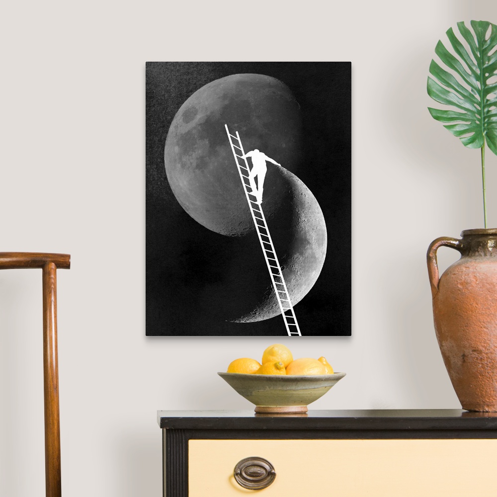 A traditional room featuring Huge monochromatic illustration depicts a man with a very large ladder extending towards the moon...