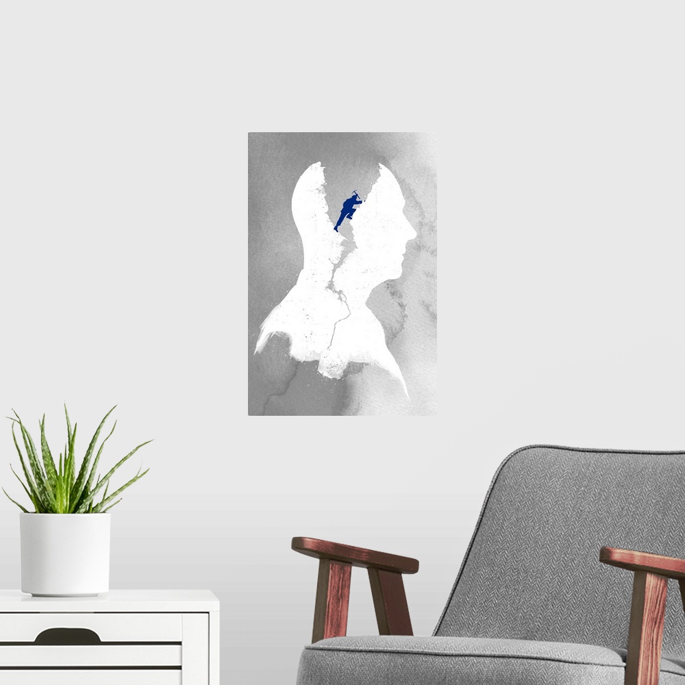 A modern room featuring Canvas photo print of the silhouette of a man's head with the silhouette of a mountain climber cl...