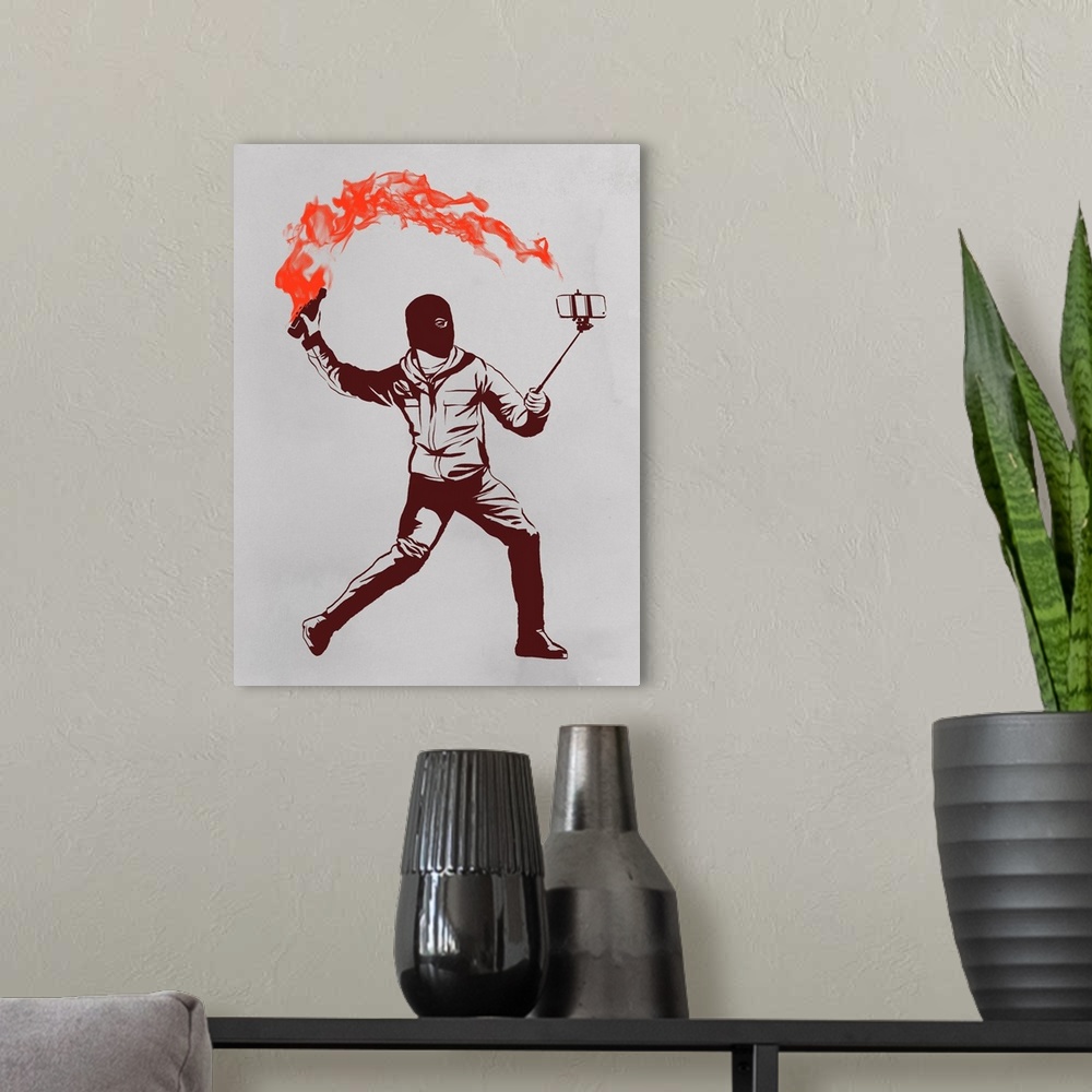 A modern room featuring A masked rioter throwing a flaming bottle while taking a selfie with his phone.