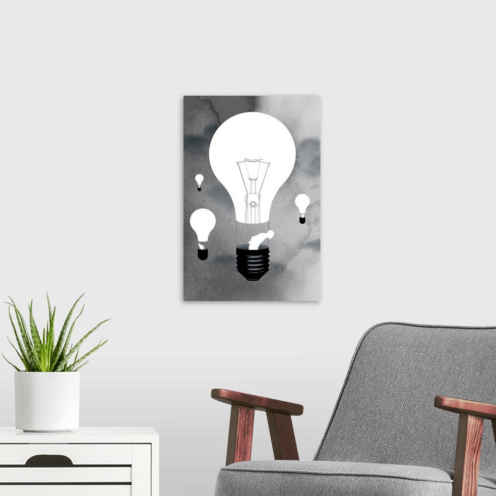 A modern room featuring A conceptual illustration of lightbulbs transformed into hot air balloons rising over a backgroun...