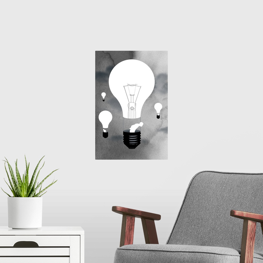 A modern room featuring A conceptual illustration of lightbulbs transformed into hot air balloons rising over a backgroun...