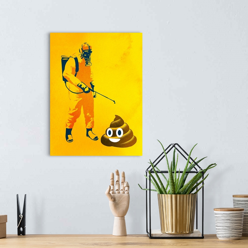A bohemian room featuring A person in a hazmat suit spraying a large poop emoji.