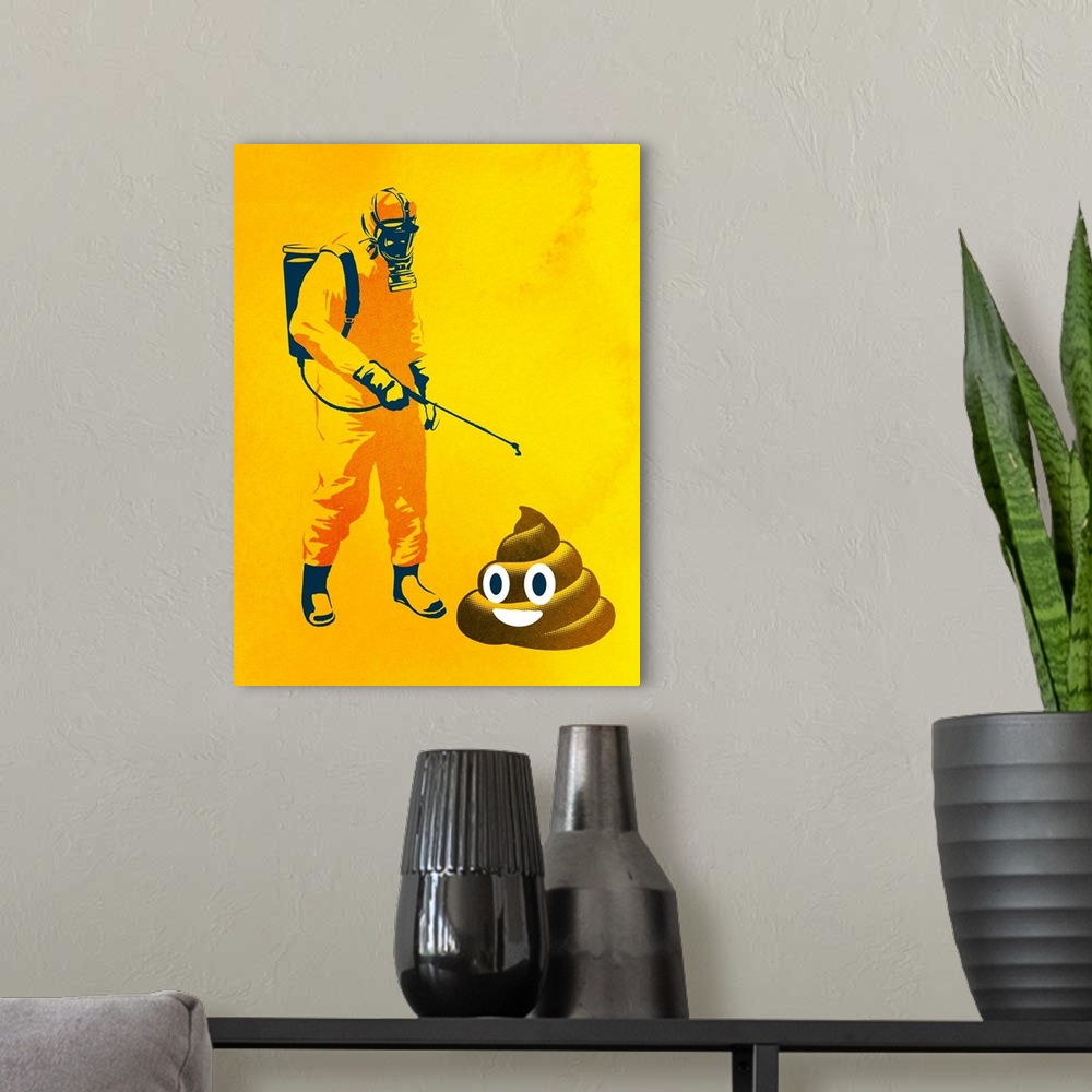 A modern room featuring A person in a hazmat suit spraying a large poop emoji.