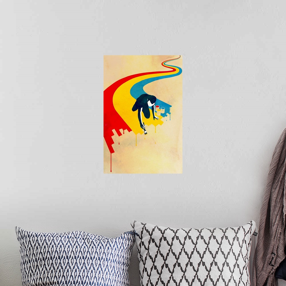 A bohemian room featuring Contemporary illustration of a silhouetted man painting a winding rainbow.  The edge of the rainb...