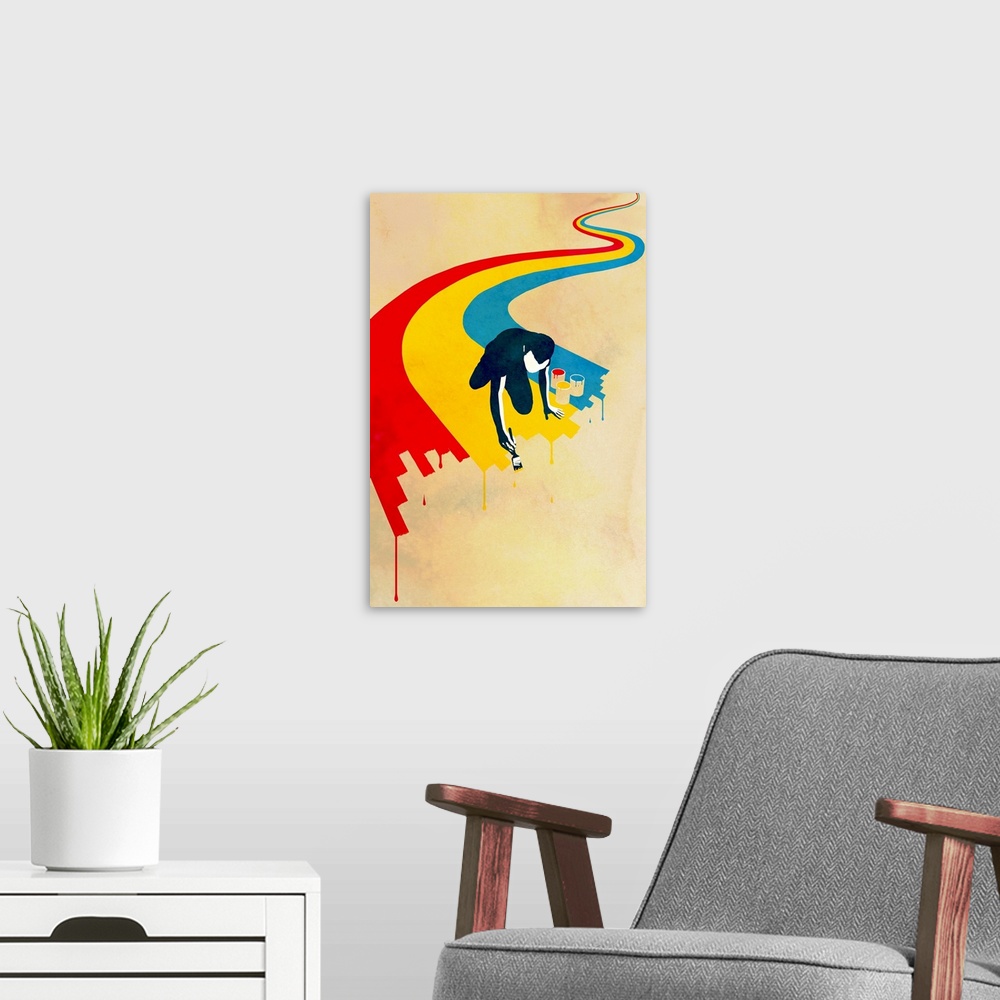 A modern room featuring Contemporary illustration of a silhouetted man painting a winding rainbow.  The edge of the rainb...