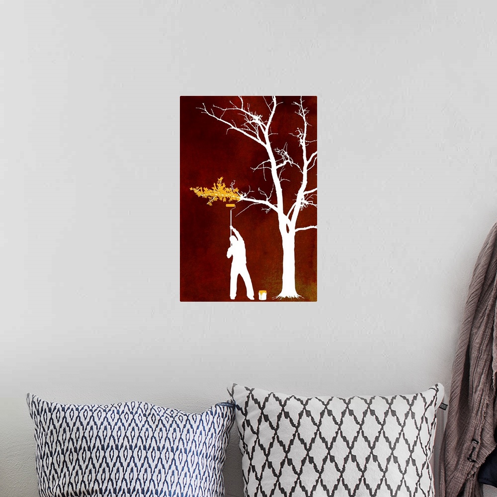 A bohemian room featuring Contemporary painting of the silhouette of a man painting leaves on a bare tree with a warm textu...