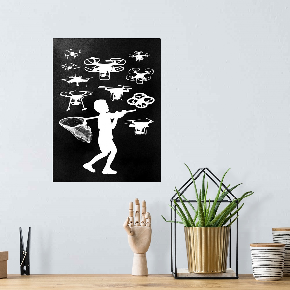 A bohemian room featuring Silhouette of a boy with a large net trying to catch several drones flying around him.