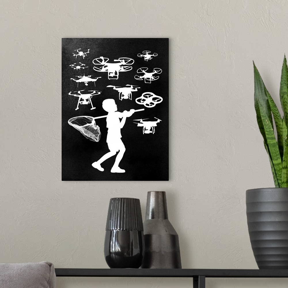 A modern room featuring Silhouette of a boy with a large net trying to catch several drones flying around him.