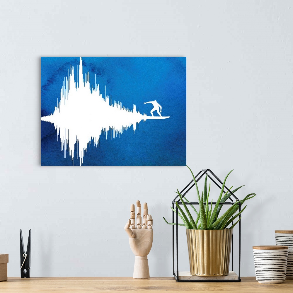 A bohemian room featuring Contemporary abstract painting of a soundwave with a surfer at the end of it.