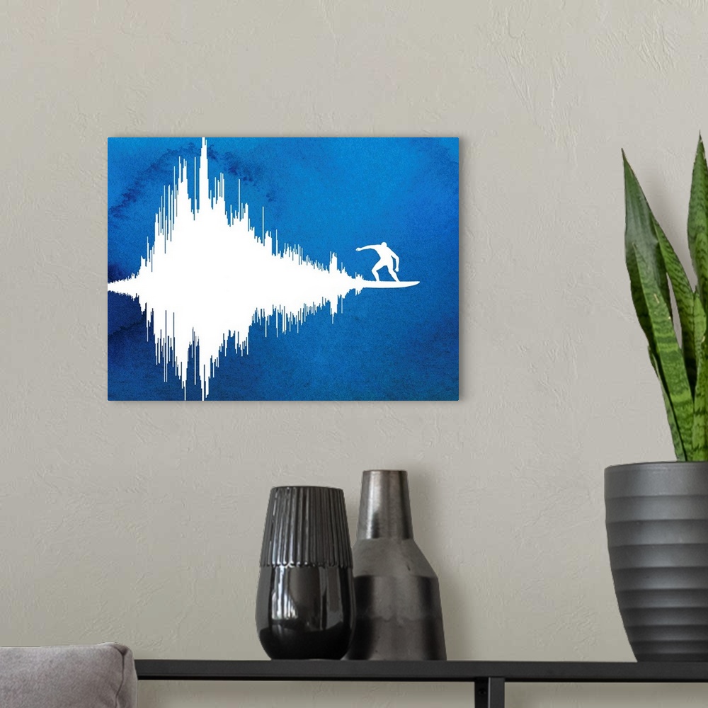 A modern room featuring Contemporary abstract painting of a soundwave with a surfer at the end of it.