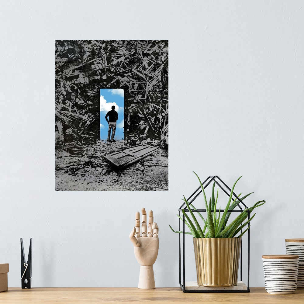 A bohemian room featuring This conceptual illustration shows a silhouetted figure standing on a door way collaged over a ju...