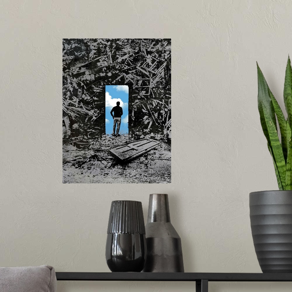 A modern room featuring This conceptual illustration shows a silhouetted figure standing on a door way collaged over a ju...