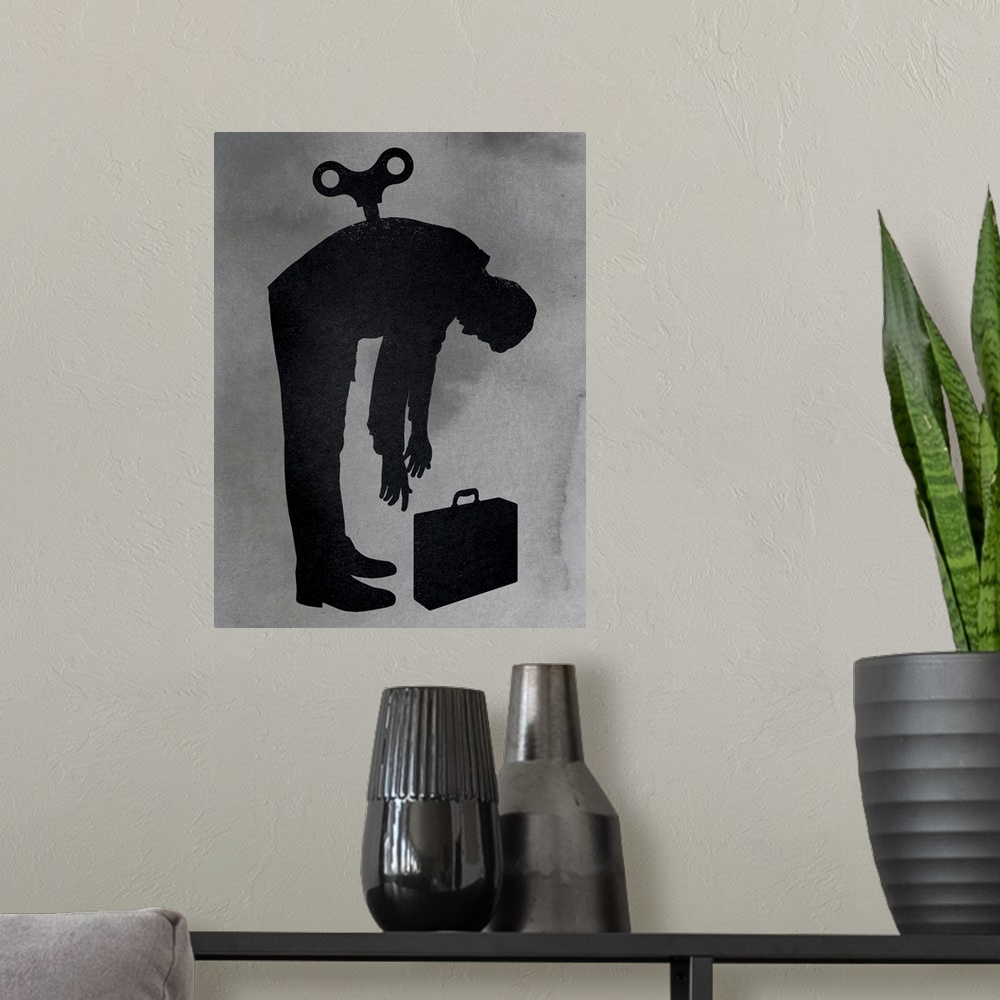 A modern room featuring Portrait artwork on a large wall hanging of the silhouette of a man standing, but bent over with ...