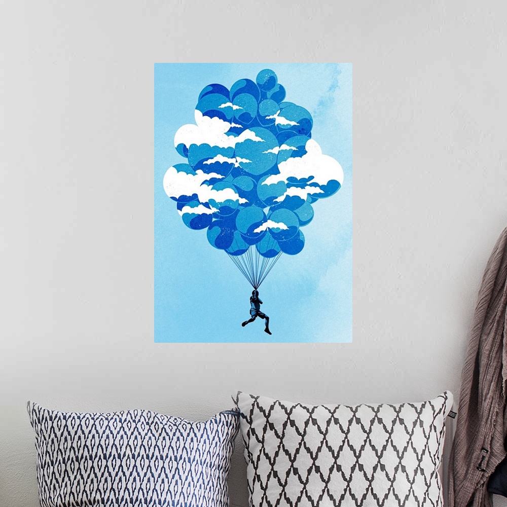 A bohemian room featuring Giant, vertical artwork of a human figure holding onto a large bunch of balloons as they carry hi...
