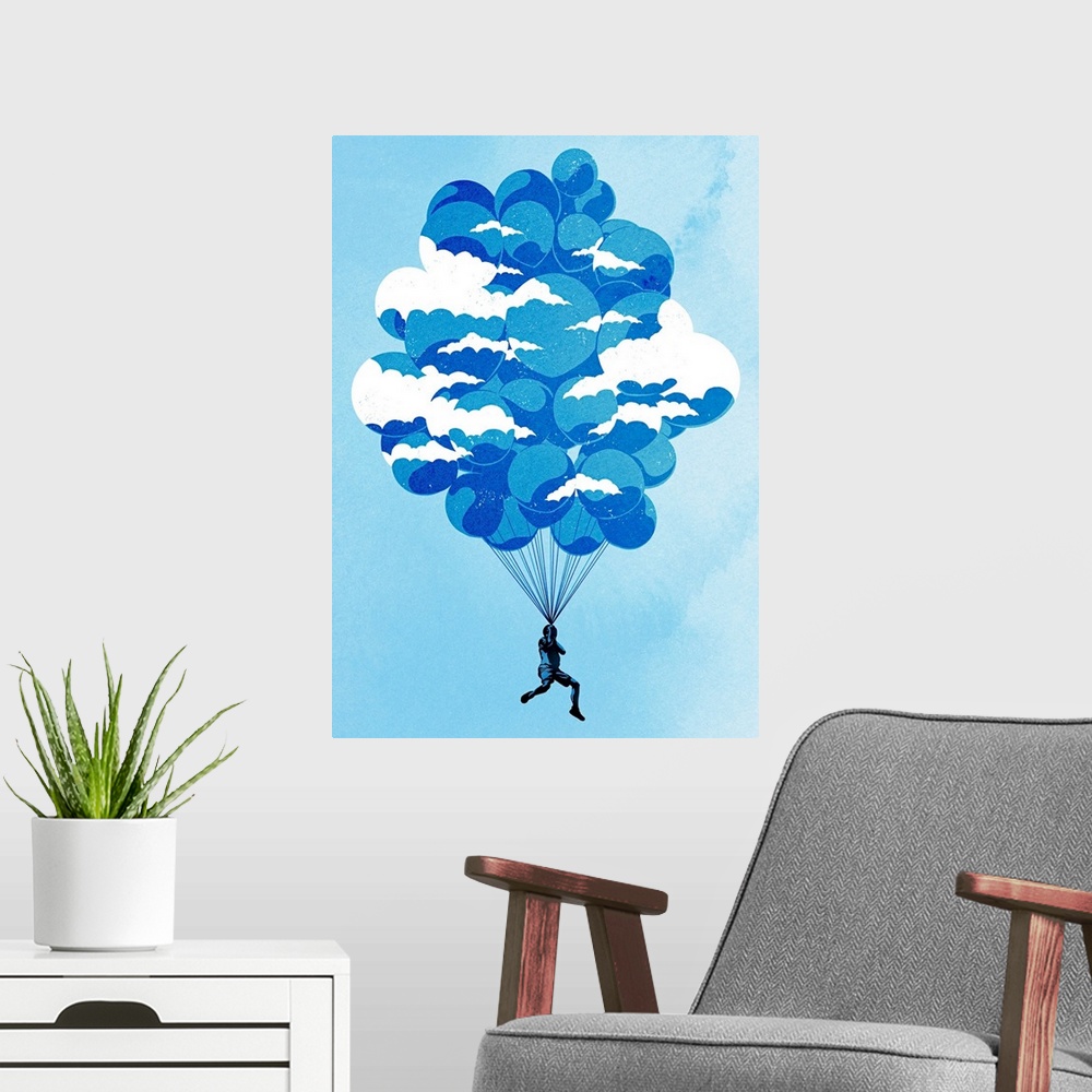 A modern room featuring Giant, vertical artwork of a human figure holding onto a large bunch of balloons as they carry hi...