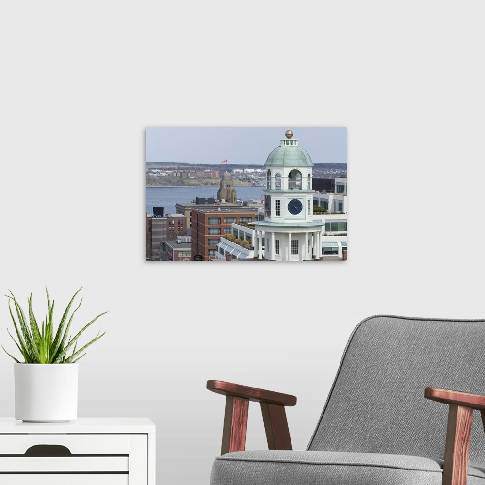 A modern room featuring 19th century clock tower, one of the city's landmarks, Halifax, Nova Scotia, Canada